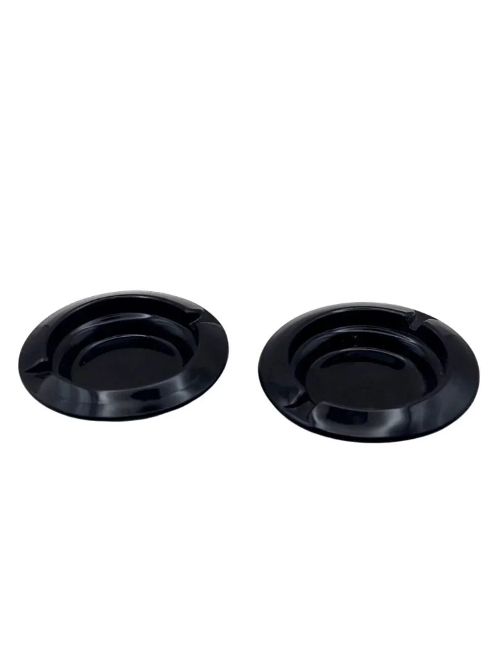 Vintage Round Black Glass Ashtrays Set Of 2 Two-Groove Cigarette Design